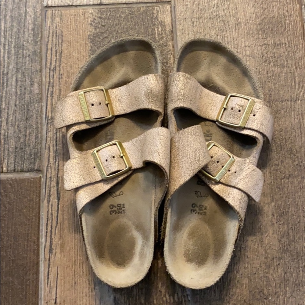 Rose gold brushed suede Birkenstock’s